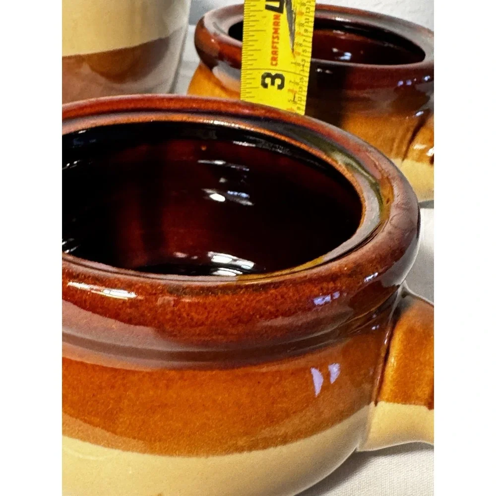 Vintage Brown Bean Pot w/ 2 Matching Handled Ramekins – Rustic Stoneware Set